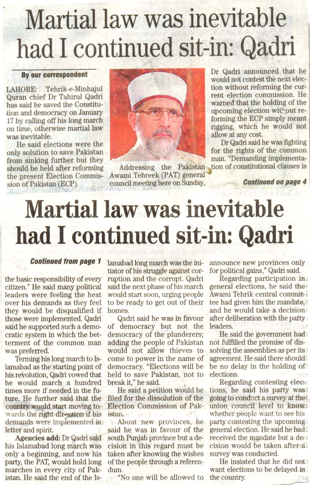 Minhaj-ul-Quran  Print Media CoverageDaily The News Front page